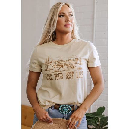 Beige LIVE YOUR BEST LIFE Crew Neck Western Graphic Tee