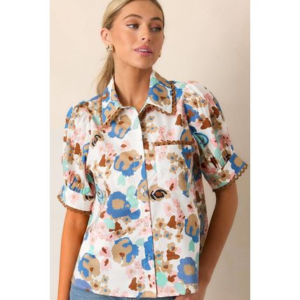 Multicolour Floral Print Ricrac Trim Collared Puff Short Sleeve Shirt