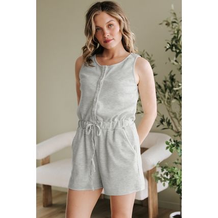 Light Grey Waffle Knit Sleeveless Buttoned Front Drawstring Waist Romper