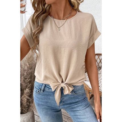 Parchment Solid Color Knotted Hem Short Sleeve Blouse