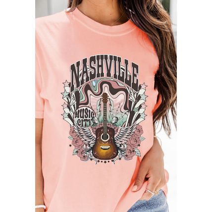 Pink NASHVILLE MUSIC CITY Guitar Graphic T Shirt