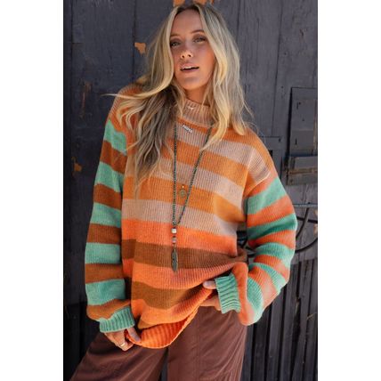 Orange Stripe Color Block High Neck Drop Shoulder Cozy Sweater