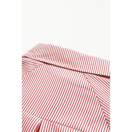Red Stripe Smocked Cuffed Striped Boyfriend Shirt with Pocket