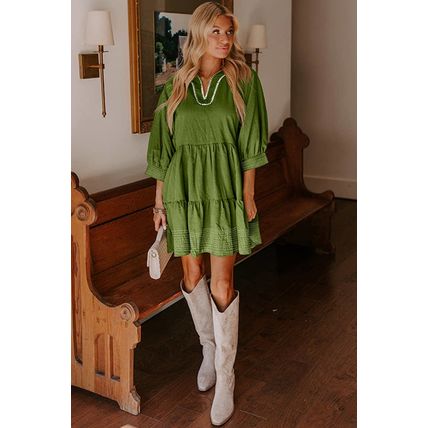Jungle Green Contrast Stitched V Neck 3/4 Sleeve Tiered Mini Dress