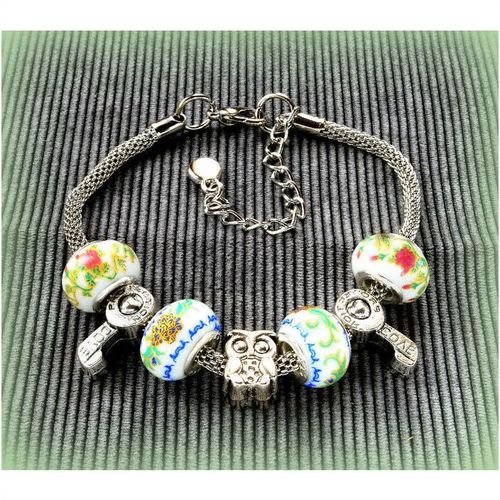 Owl Bird Charm Silver Tone Bracelet Bangle European Beads Jewellery 1947
