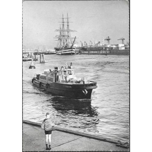 Hamburg, Germany - Hafen (Harbour), small launch, tall ship - postcard c.1960s