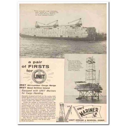 UNIT CRANE SHOVEL CORP 1959 First steel drilling island vintage ad