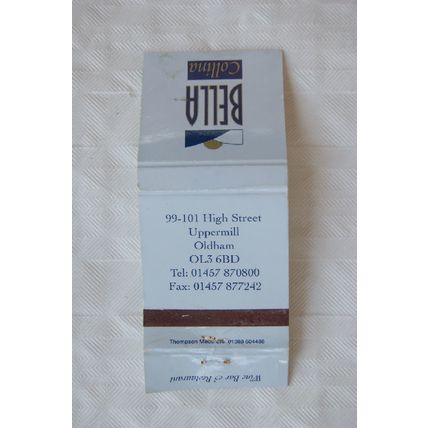 Matchbook Cover Bella Wine Bar & Restaurant, Uppermill, Oldham
