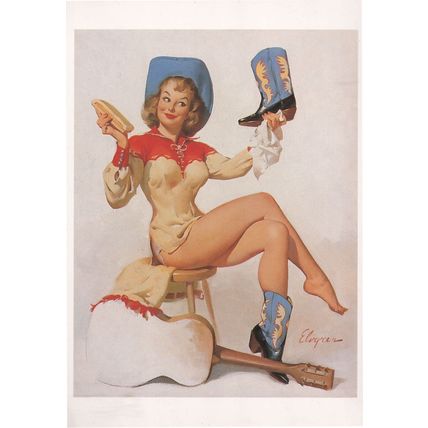 Cowgirl Western Cowboy Lady Polishing Shoes Painting Postcard