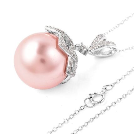 Haliotis Asinina Pink Pearl & Zircon Pendant & 18" Chain Rhodium on 925 Silver
