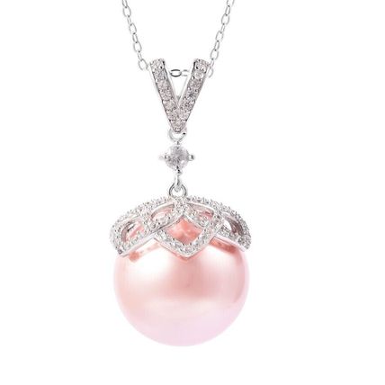 Haliotis Asinina Pink Pearl & Zircon Pendant & 18" Chain Rhodium on 925 Silver