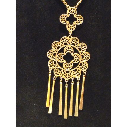 Vintage 70's Boho Goldtone Fringe Ornate Double Medallion Pendate Necklacew RARE