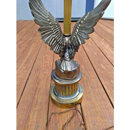 Vintage Heavy Brass Eagle American Flag Motorcycle Table Lamp Glass Panels Works
