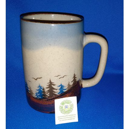 CERAMIC TANKARD NEW ENGLAND MOUNTAIN SCENE with PINE TREES and BIRDS + RECIPES