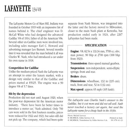 Collectors Club card. Classic Cars. Lafayette 134-V8