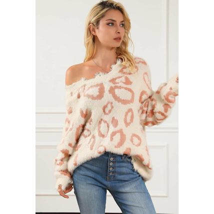 Leopard Animal Print Distressed Trim Fuzzy Sweater