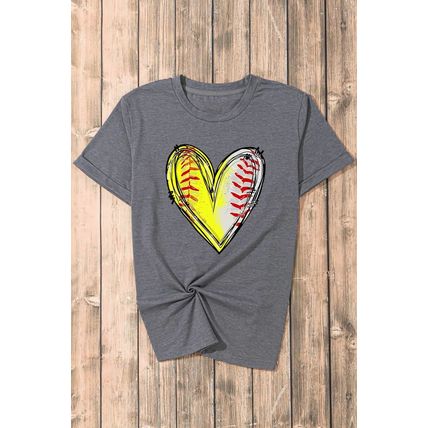Gray Baseball Heart Shape Print Crew Neck T Shirt