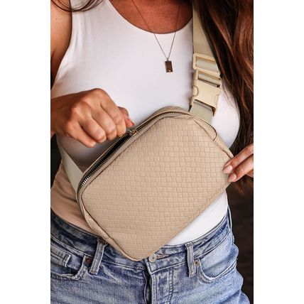 Parchment Checkered Zipped Buckle Strap Crossbody Bag