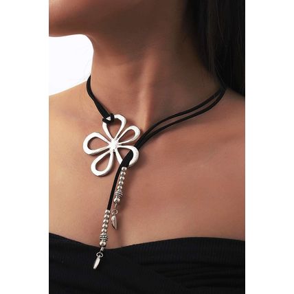 Silvery Hollow Out Floral Leather Rope Y-shaped Necklace