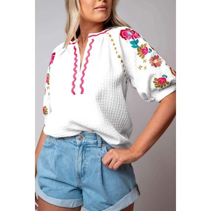 White Floral Embroidered Ricrac Puff Sleeve Textured Blouse