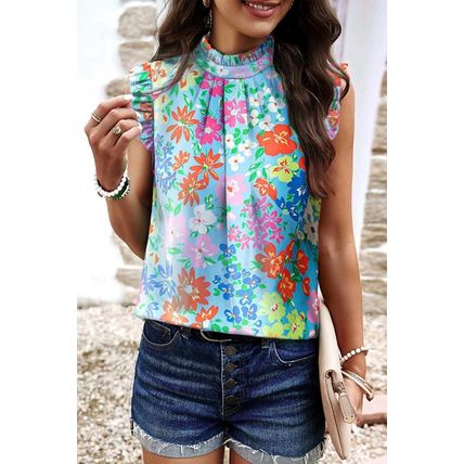 Sky Blue Frilled Collar Floral Vest