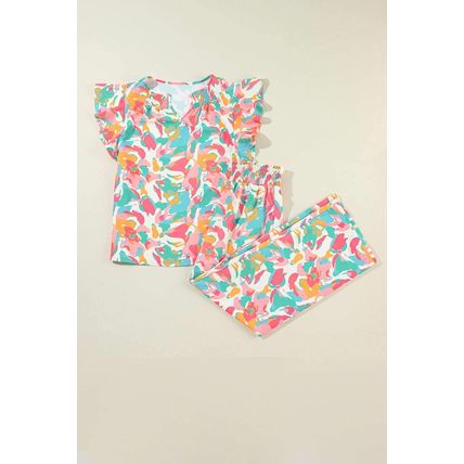 Floral Ruffled Sleeve Top Smocked Wide Leg Pants Set