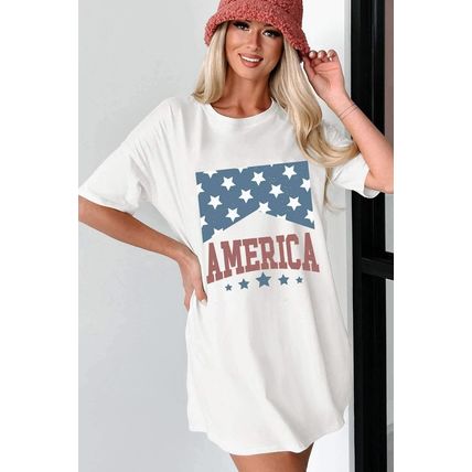 White AMERICA Stars Print Round Neck Oversized T Shirt