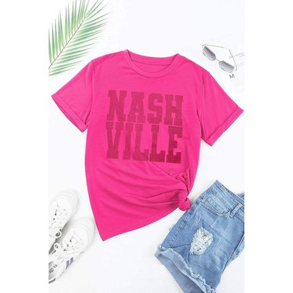 Rose Red NASHVILLE Rhinestone Crew Neck Graphic Tee