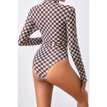 Brown Checkered Printed Long Sleeve High Neck Bodysuit
