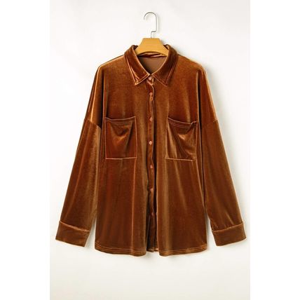 Chestnut Plus Size Velvet Chest Pocket Drop Shoulder Shirt
