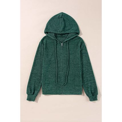 Evergreen Ribbed Zip Up Front Drawstring Hoodie