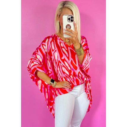 Red Abstract Print V Neck Batwing Sleeve Oversized Blouse