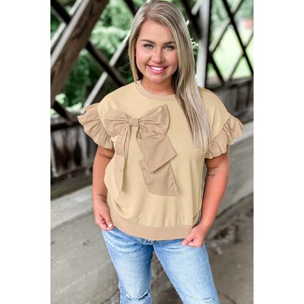 Parchment Ruffled Short Sleeve Bowknot Applique Crew Neck Plus Size Top