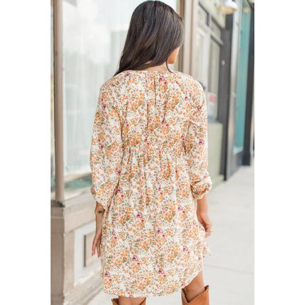 Yellow Boho Floral V Neck Ruffled Empire Waist Long Sleeve Mini Dress