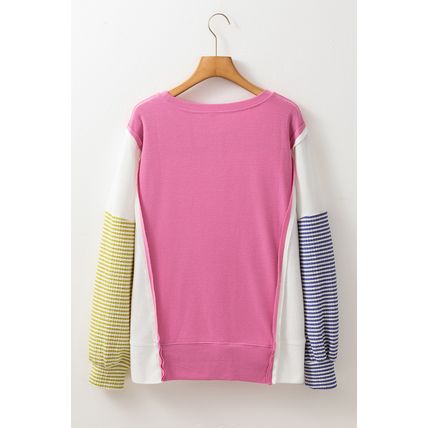 Sachet Pink Exposed Seam Striped Color Block Patchwork Long Sleeve Top