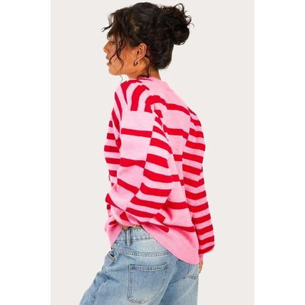 Pink Stripe Bubble Sleeve Drop Shoulder Ribbed Trim Sweater
