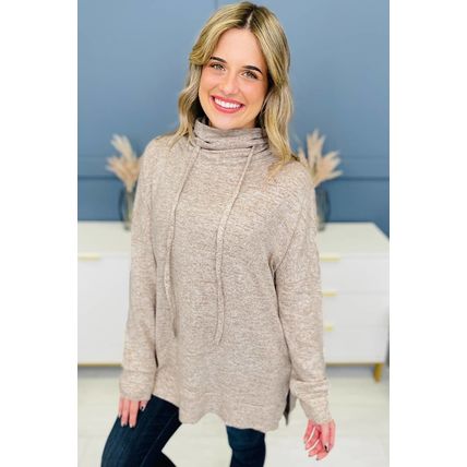 Apricot Drawstring Cowl High Neck Long Sleeve Split Top
