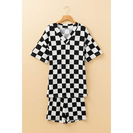 Black Checkerboard Print V Neck Loose Tee and Shorts Lounge Set