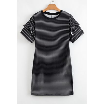 Black Stripe Ruffled Short Sleeve Crew Neck T Shirt Shift Mini Dress