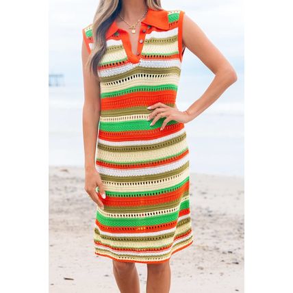 Yellow Stripe Eyelet Sleeveless Buttoned Split Neck Sweater Dress