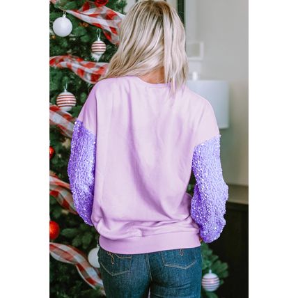 Orchid Petal Sequin Patchwork Long Sleeve Pullover Top