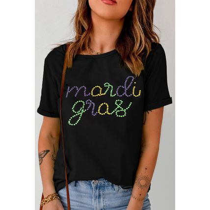 Black Rhinestone Mardi Gras Letter Graphic T Shirt