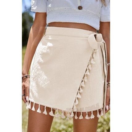 Apricot Tassel Trim Wrap Knot Side Bohemian Style Mini Skort