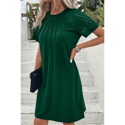 Green Contrast Lace Raglan Sleeve Pleated Detail Shift Dress