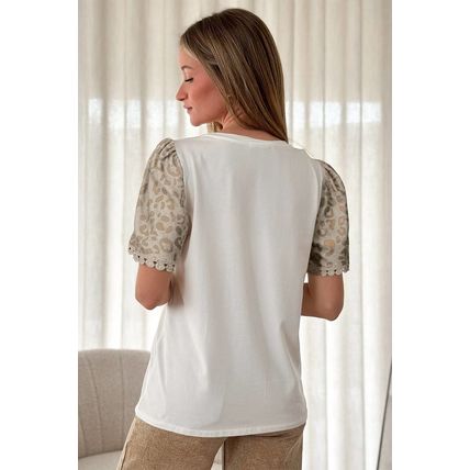 White Leopard Patchwork Crochet Lace Trim Puff Sleeve T Shirt
