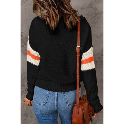 Black Chevron Striped Drop Shoulder Sweater