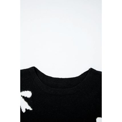 Black Bow Pattern Knit Short Sleeve Sweater