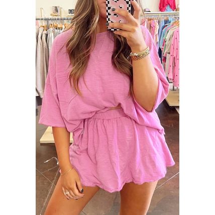 Sachet Pink Loose Fit Half Sleeve T Shirt and High Waist Skirt Set