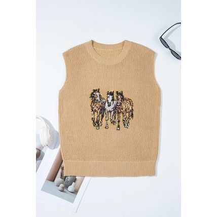 Parchment Sequin Horse Graphic Lightweight Knitted Sweater Vest