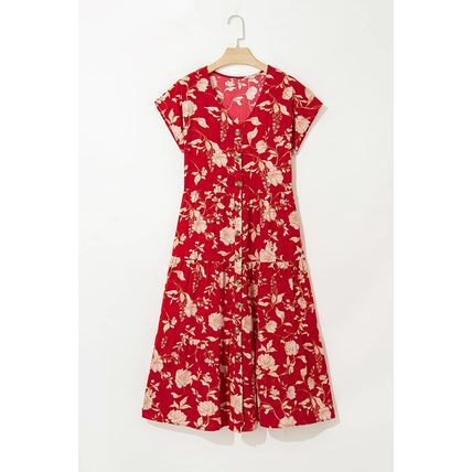 Red Floral Print Buttoned Front V Neck Tiered Short Sleeve Midi Dress